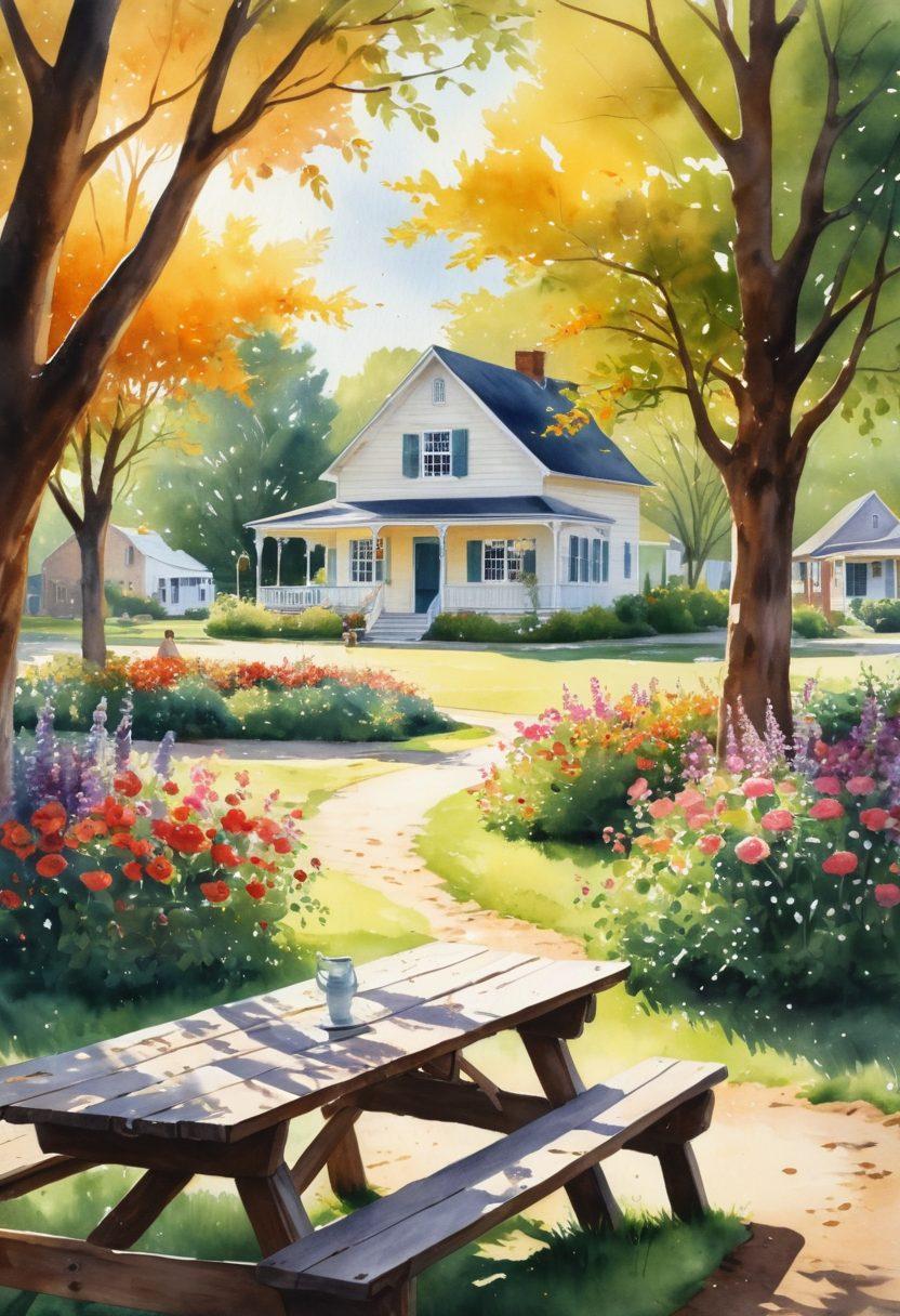A serene landscape depicting a peaceful village that once endured war, with vibrant flowers representing hope. In the foreground, a diverse group of people share stories and laughter around a picnic table, showcasing unity and joy. In the background, soft silhouettes of historical landmarks stand testament to resilience. Sunlight filters through the trees, creating a warm, inviting atmosphere. watercolor painting. vibrant colors.