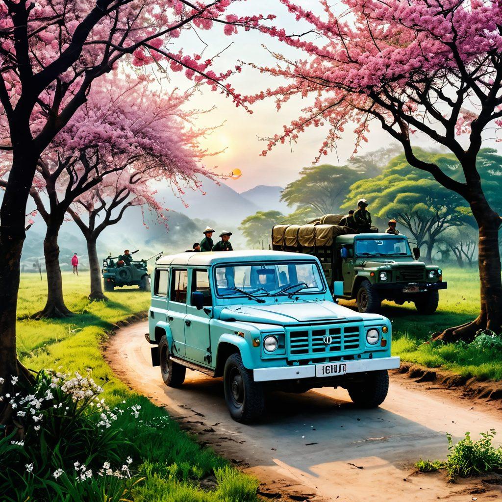 A serene landscape depicting a lush Vietnamese countryside at sunrise, with a blend of war-era elements such as vintage military vehicles and peace symbols. In the foreground, a group of diverse people of different ages joyfully sharing stories and laughter, representing the enduring spirit of resilience. Delicate cherry blossom trees framing the scene, symbolizing fragility and hope amidst conflict. soft focus. vibrant colors. super-realistic.